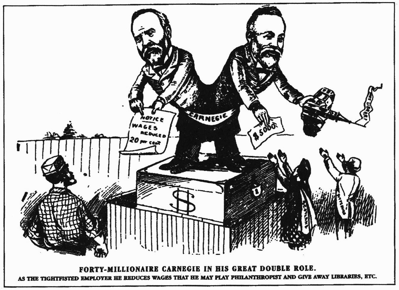 A cartoon of Andrew Carnegie as a two-bodied serpent-man, one half taking wages from a worker and the other giving donations to charity